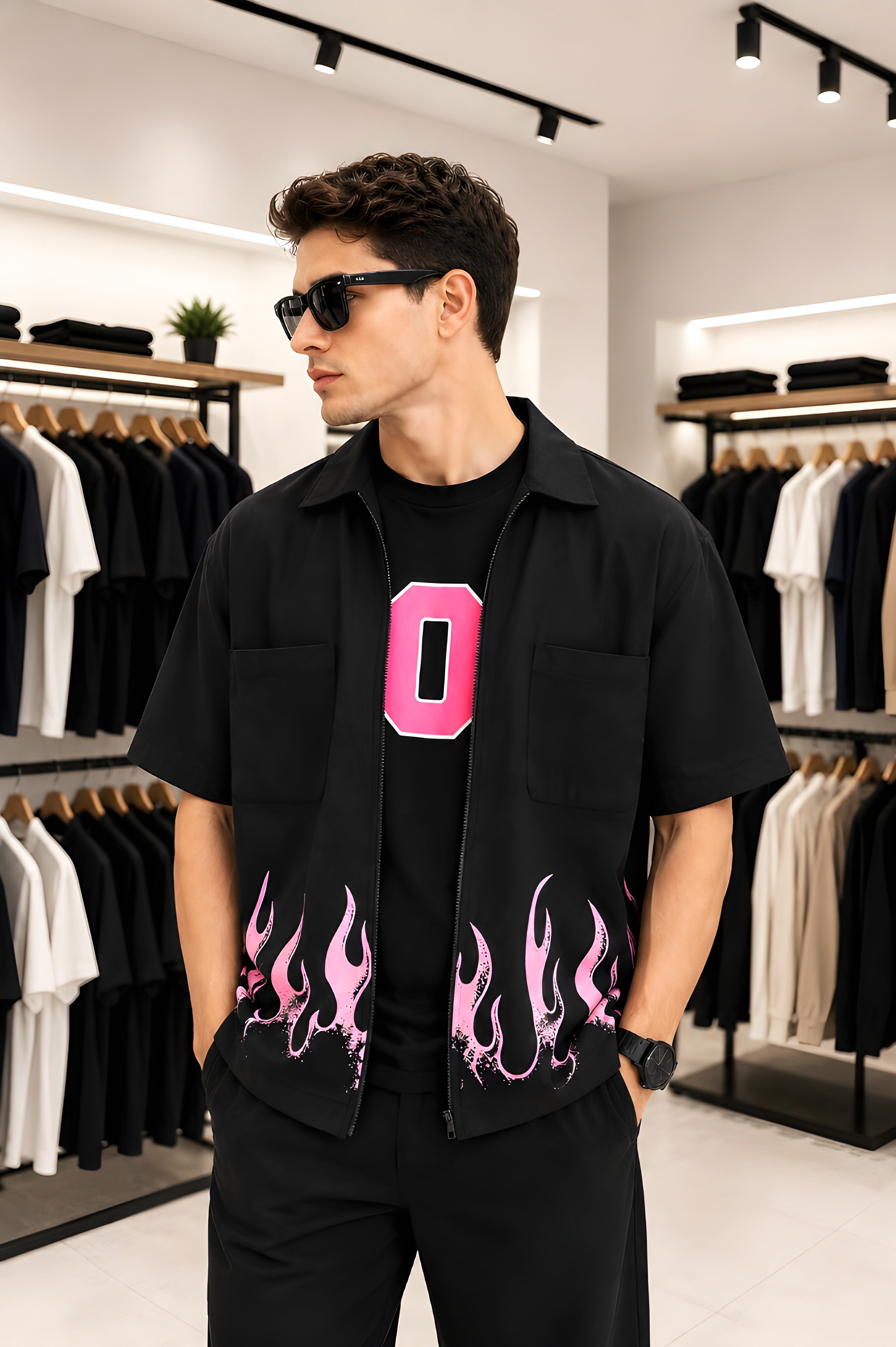 Black Double Pocket Zipper Shirt