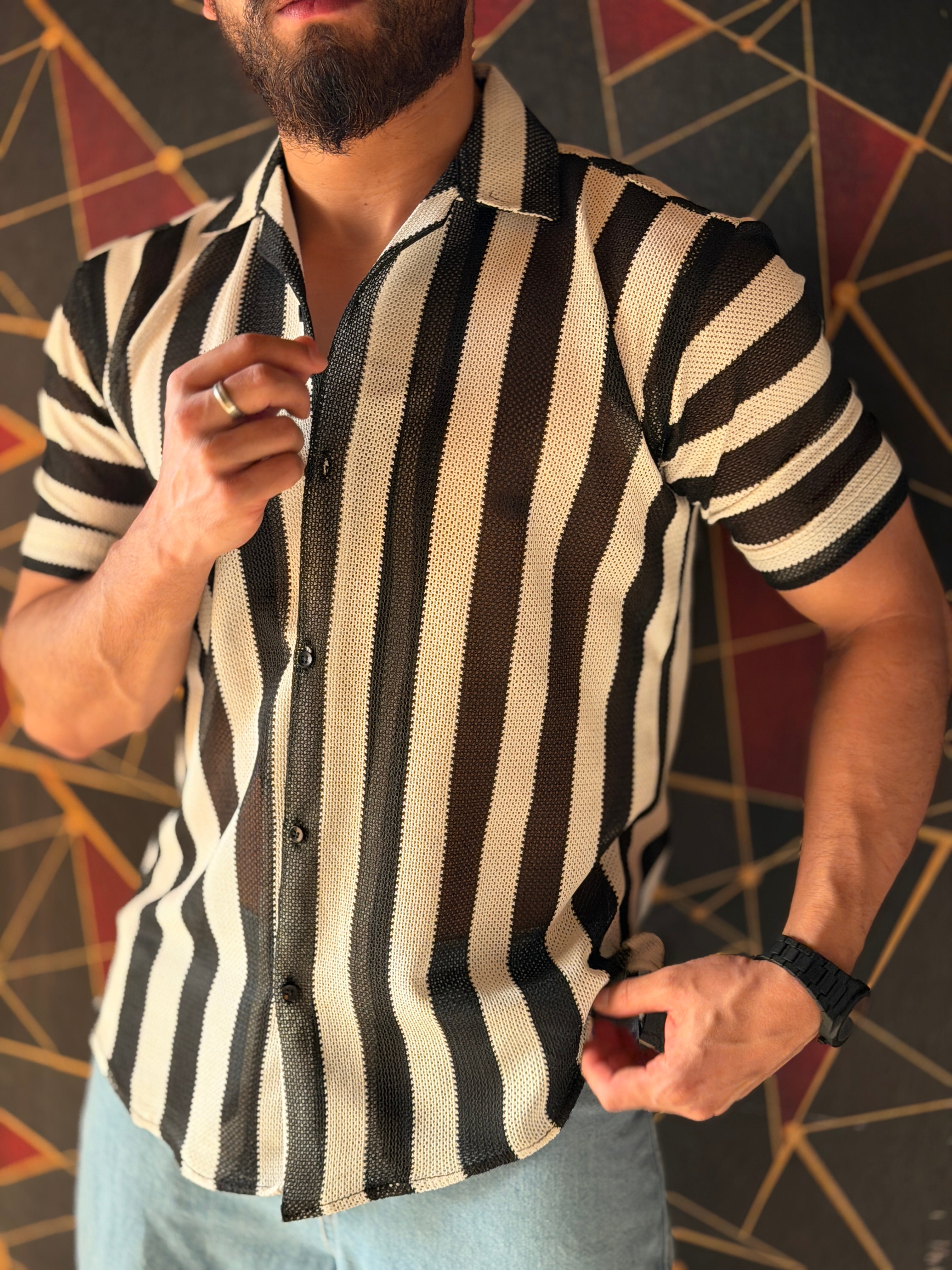 Striped Knitted Shirt Half Sleeves