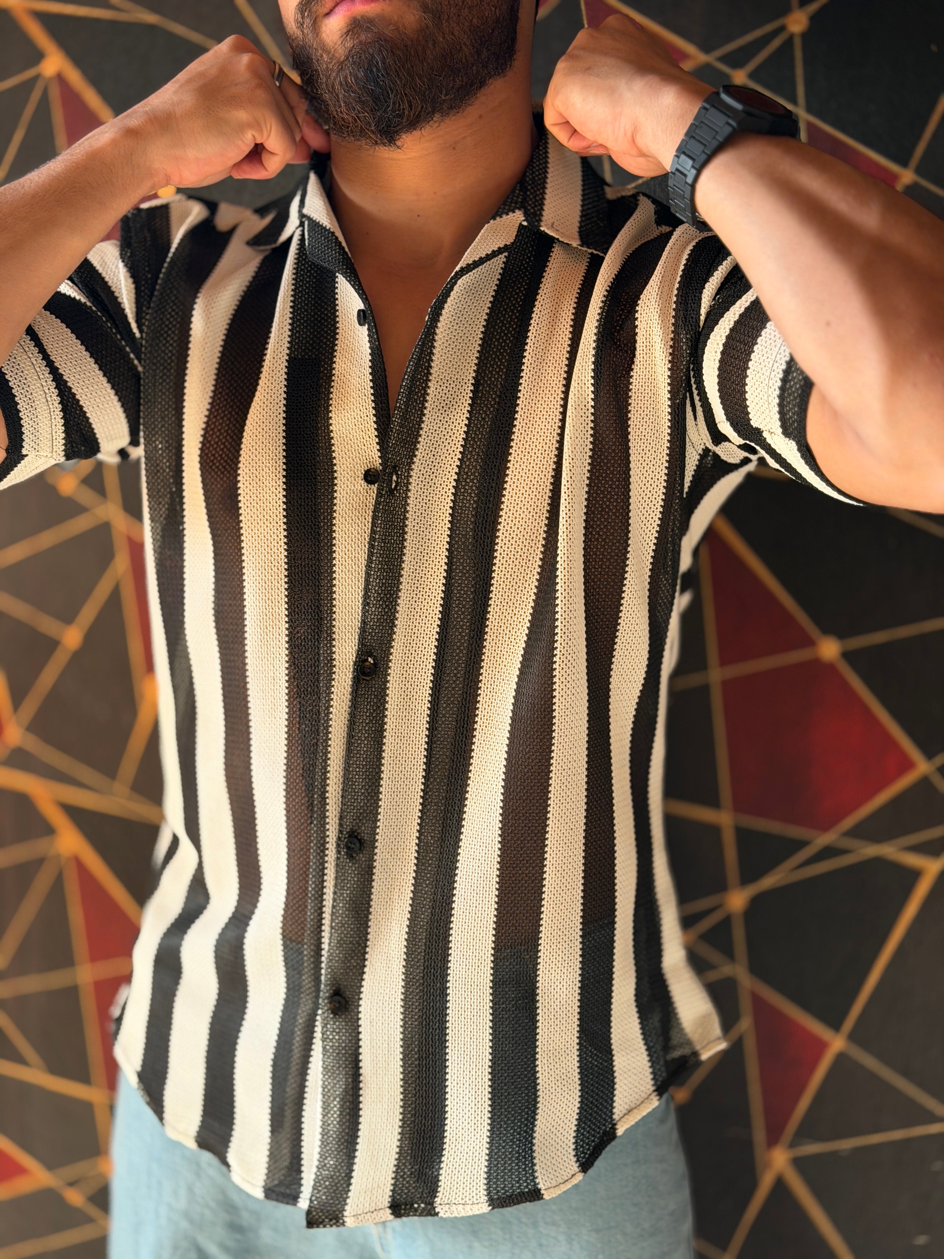 Striped Knitted Shirt Half Sleeves