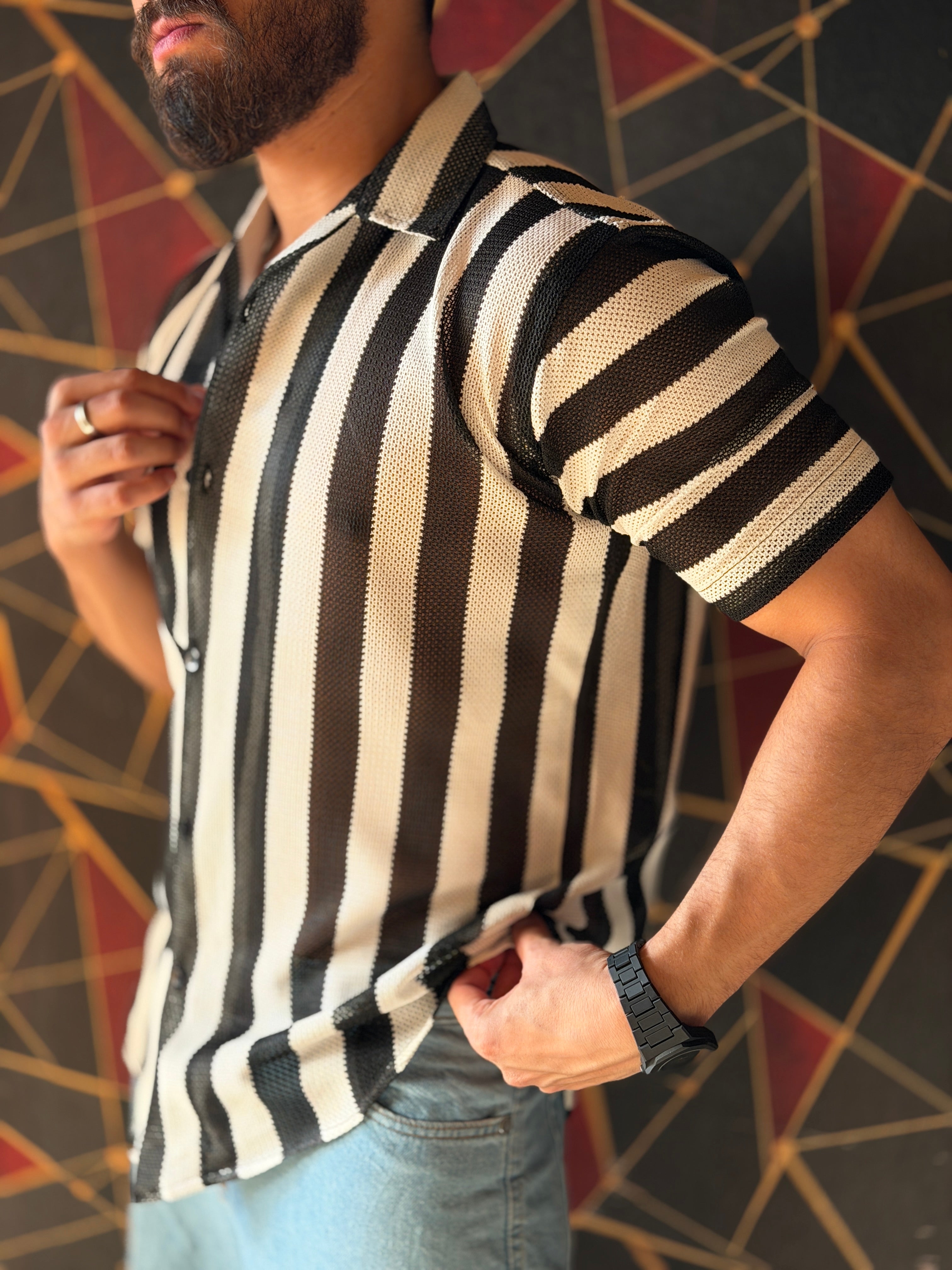 Striped Knitted Shirt Half Sleeves