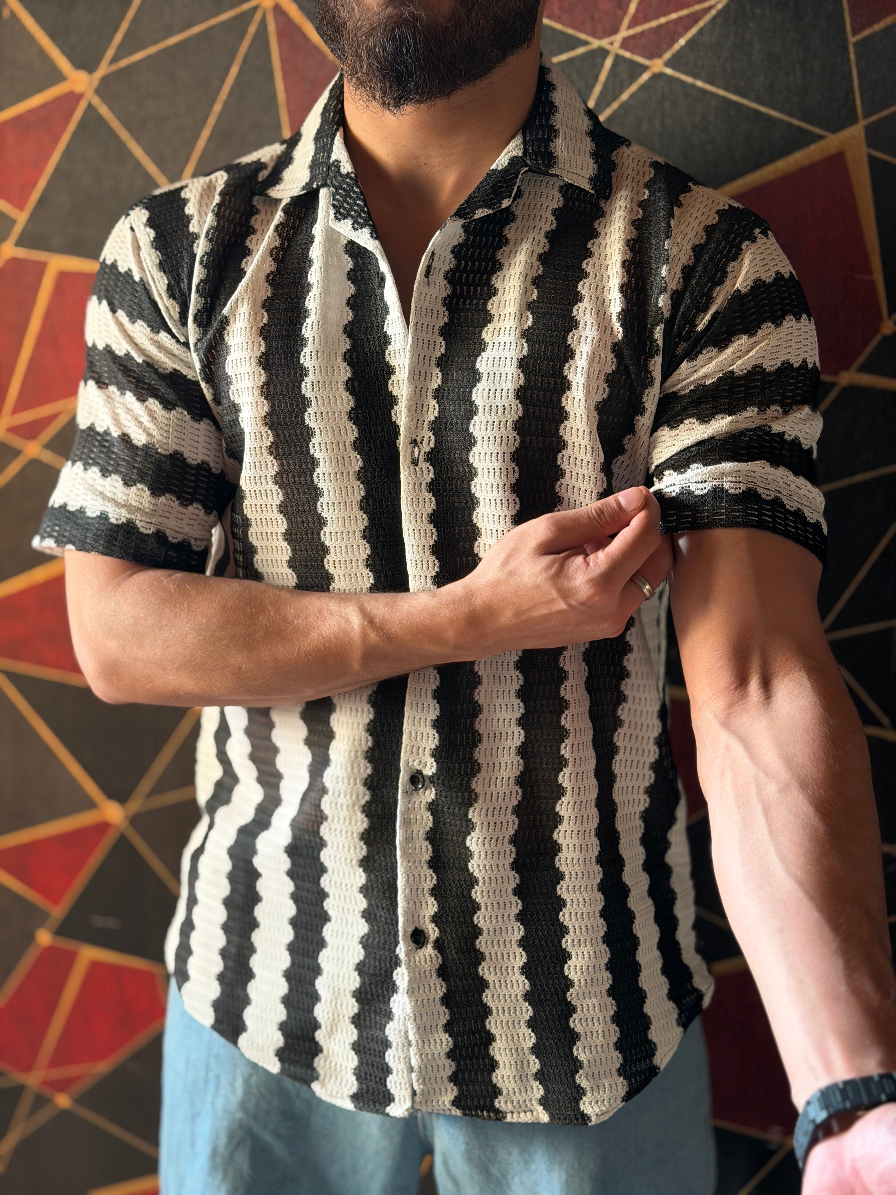 Striped Knitted Shirt Half Sleeves