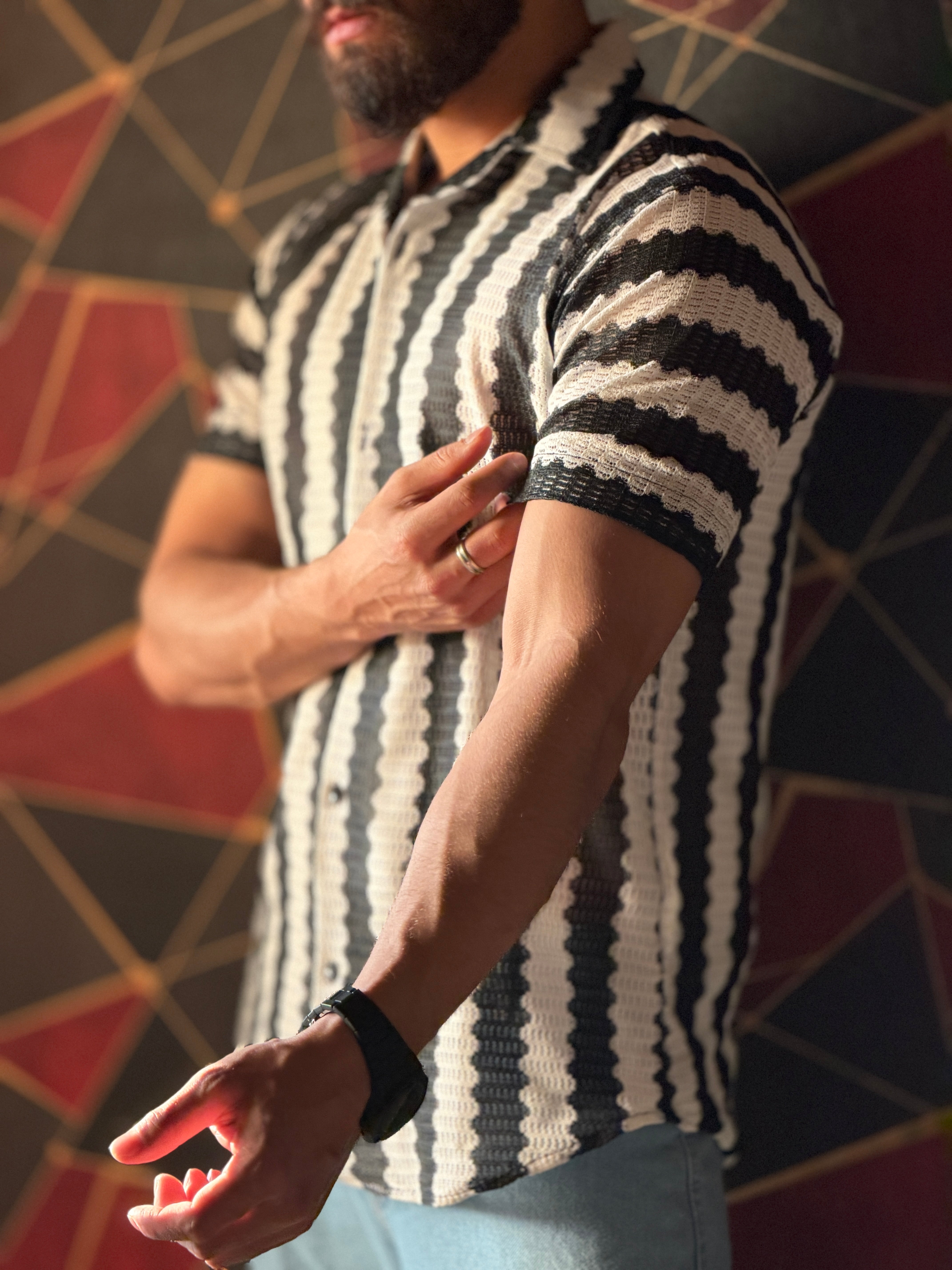 Striped Knitted Shirt Half Sleeves